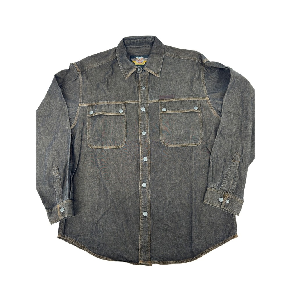 Harley Davidson Metal Snap Denim Shirt Mens Large Brown Biker Moto